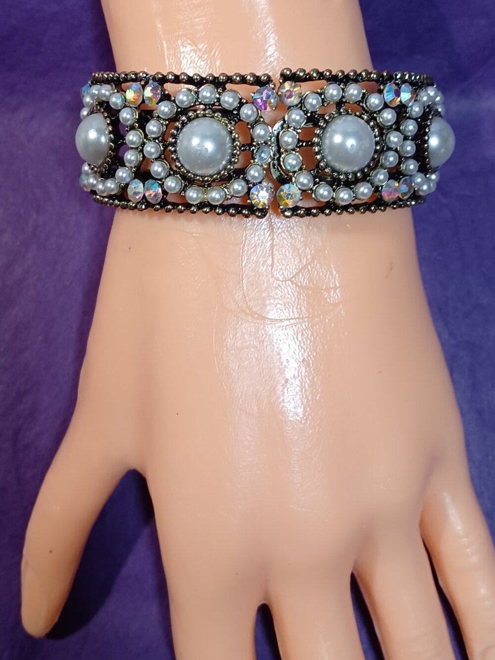 Vintage Oearl & Mabe Pearl Front Opening Clamper bracelet, Ornate Rectangles